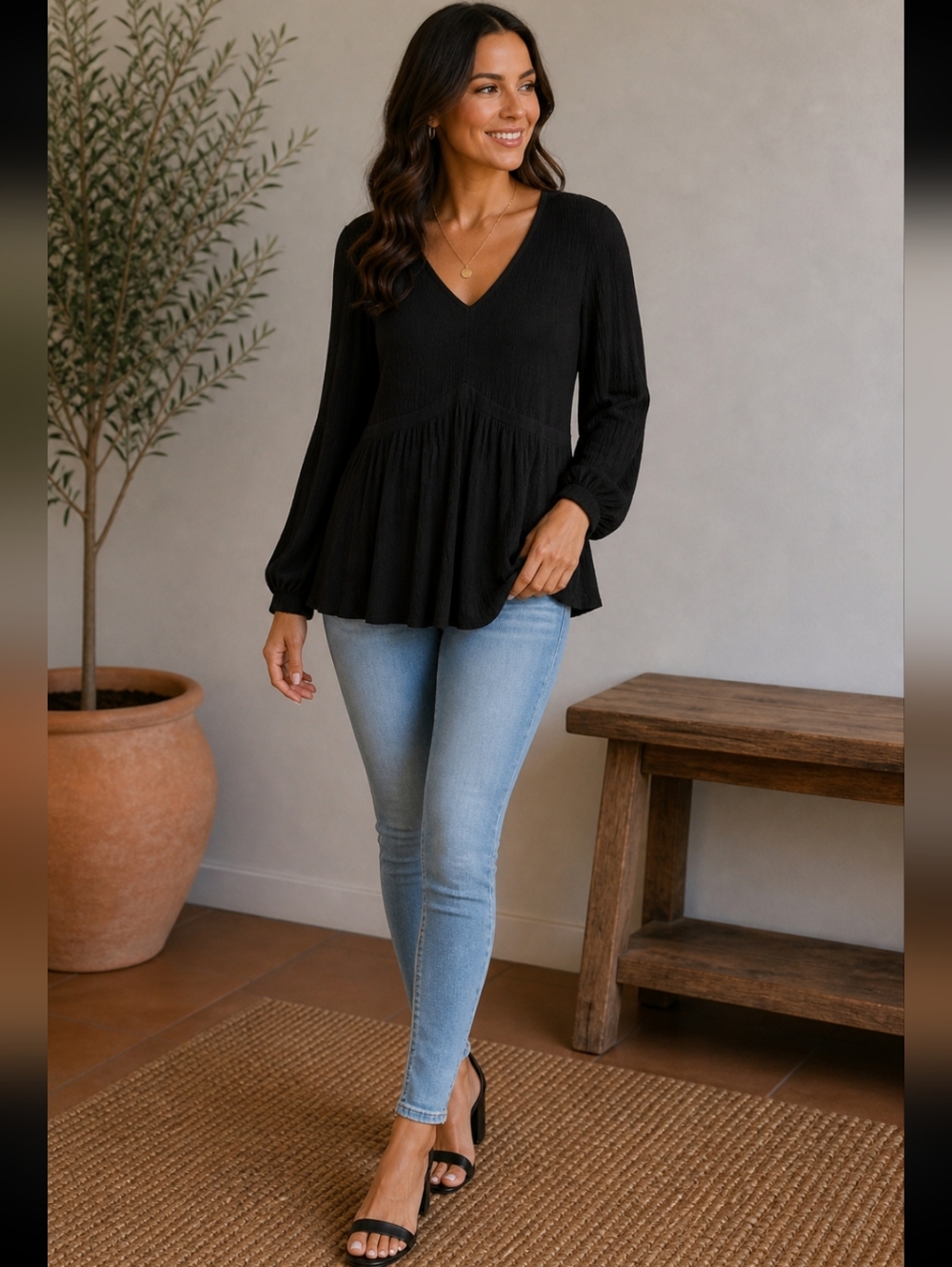 Torrid Black Smocked Bodice V-Neck Tunic